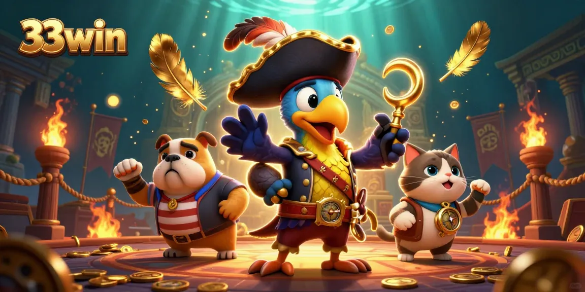 33win engaging scene with a pirate captain and friends in a vibrant gaming atmosphere.