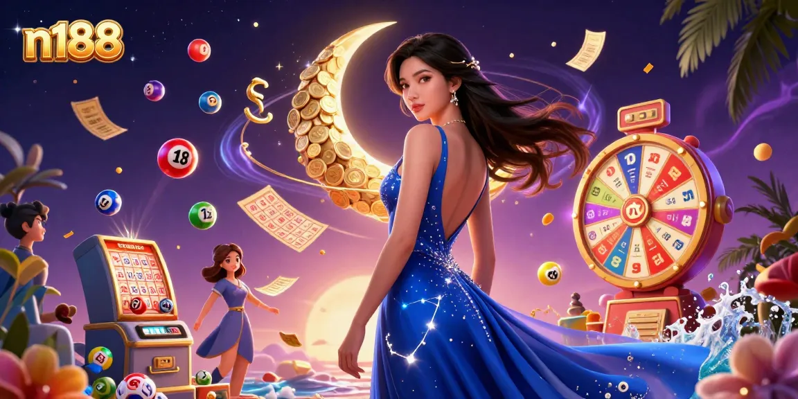 n188 casino scene with an elegant Asian woman amidst colorful lottery elements and vibrant prizes