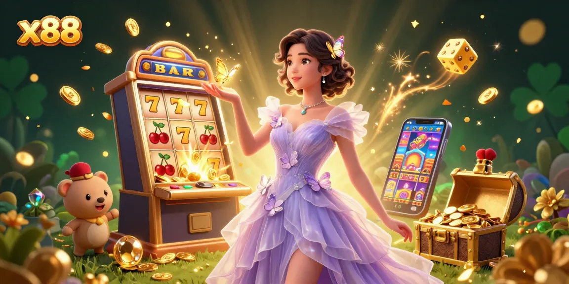 X88 spins the jackpot with vibrant slot symbols and a stunning woman, surrounded by casino excitement.