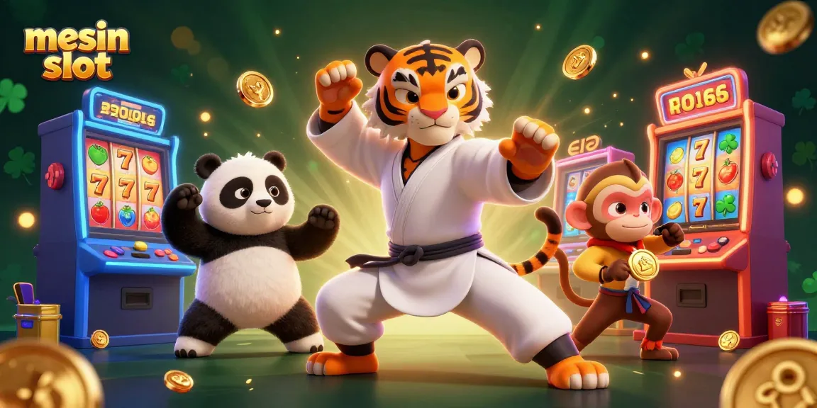Play exciting mesin slot with a kung fu tiger master, panda disciple, and monkey in a vibrant casino scene.
