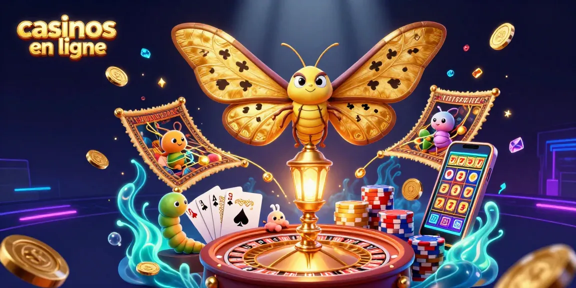 Jouez aux casinos en ligne: illustration d'un papillon géant doré et de pièces volantes en pleine action.