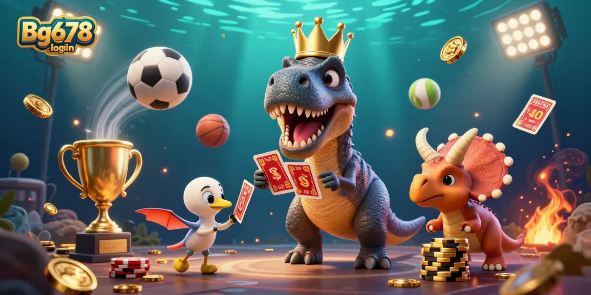 Engage with Bg678 login as a friendly T-Rex shuffles cards, assisted by a pterodactyl, in a dynamic casino atmosphere.