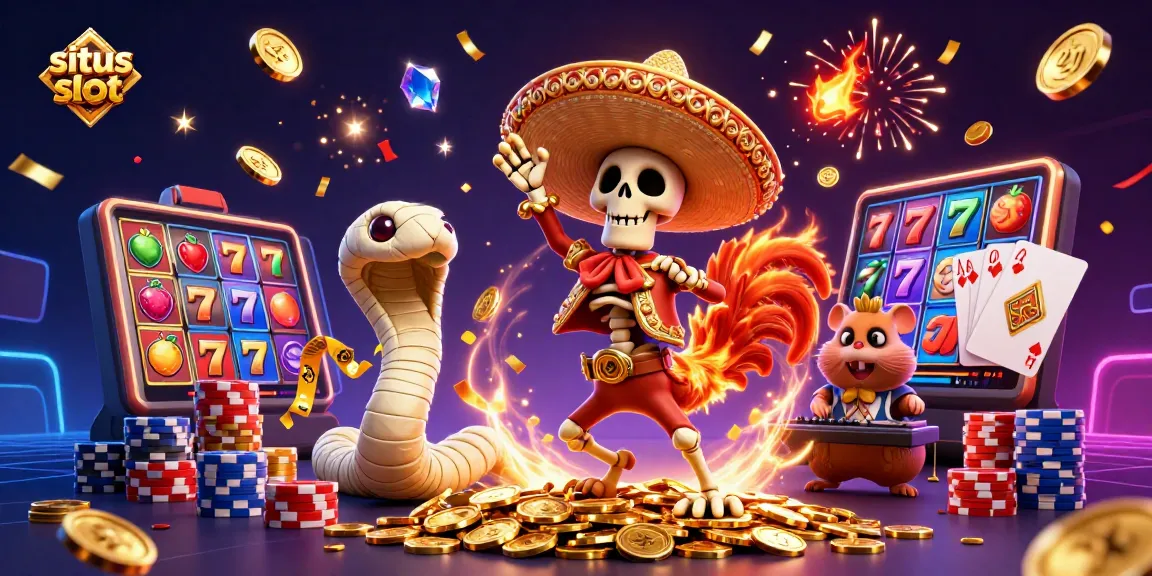 Situs slot showcases a festive scene with a dancing rooster and lucky slot symbols amidst a vibrant casino atmosphere.