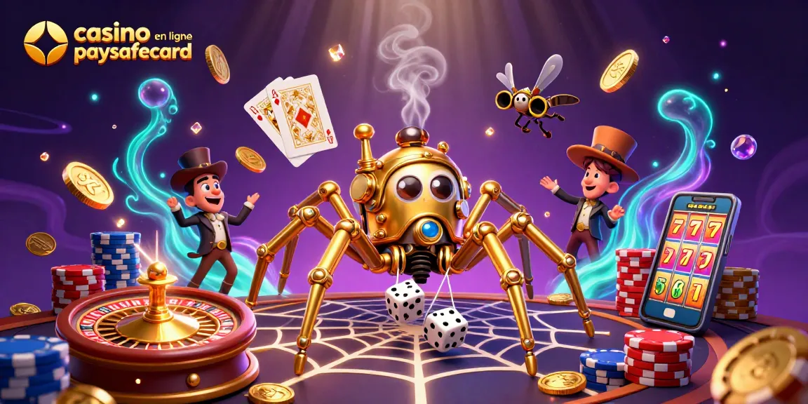 Profitez de l'expérience de casino en ligne paysafecard avec une illustration dynamique d'une araignée steampunk et des jetons de poker.