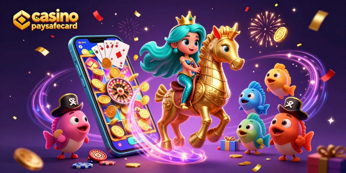 Essayez le casino en ligne paysafecard avec cette illustration captivante de sirène et ses amis marins.