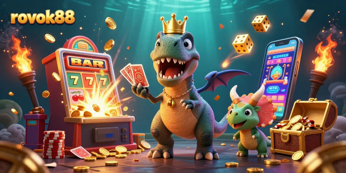 rokok88 showcases a T-Rex shuffling cards, surrounded by golden winnings and a vibrant casino atmosphere