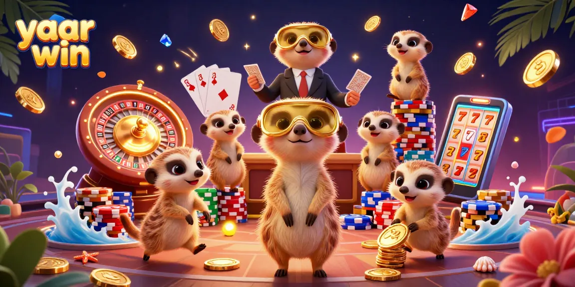 Play and win with yaar win in this vibrant meerkat casino illustration featuring dynamic gaming elements.