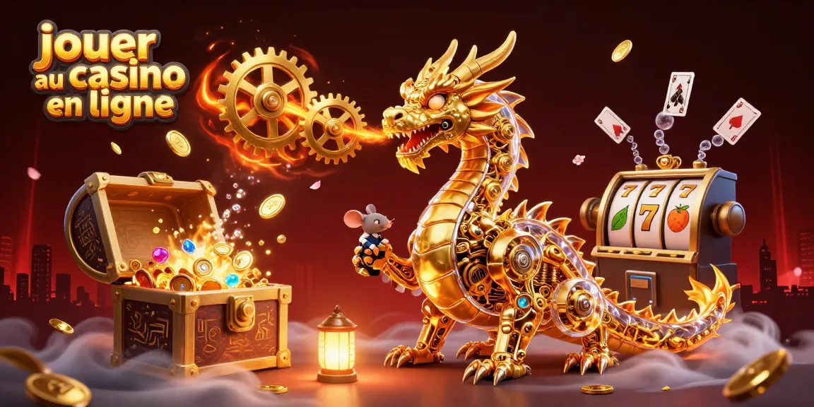Jouer au casino en ligne avec une illustration dynamique d'un dragon doré et d'éléments de jeu captivants.