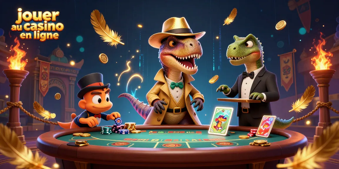 Jouer au casino en ligne avec un velociraptor comptant les cartes dans un casino animé, une scène dynamique et colorée.
