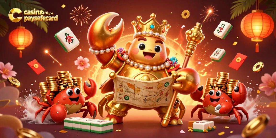Jouer aux jeux de casino en ligne paysafecard avec un crabe doré majestueux et des jetons en or entourés de lanternes et de feux d'artifice.