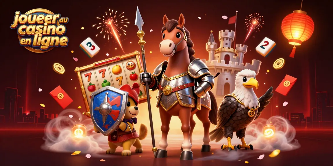 Jouer au casino en ligne avec un cheval médiéval, un chien écuyer et un faucon entourés d'éléments de jeu.