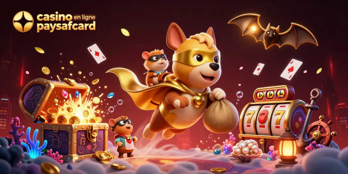 Profitez du casino en ligne paysafecard avec cette illustration dynamique de jeux et aventures.