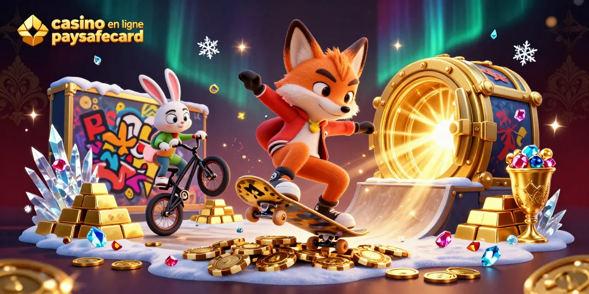 Jouez dans un casino en ligne paysafecard tout en voyant un renard skateboard et un lapin BMX, entourés de richesses