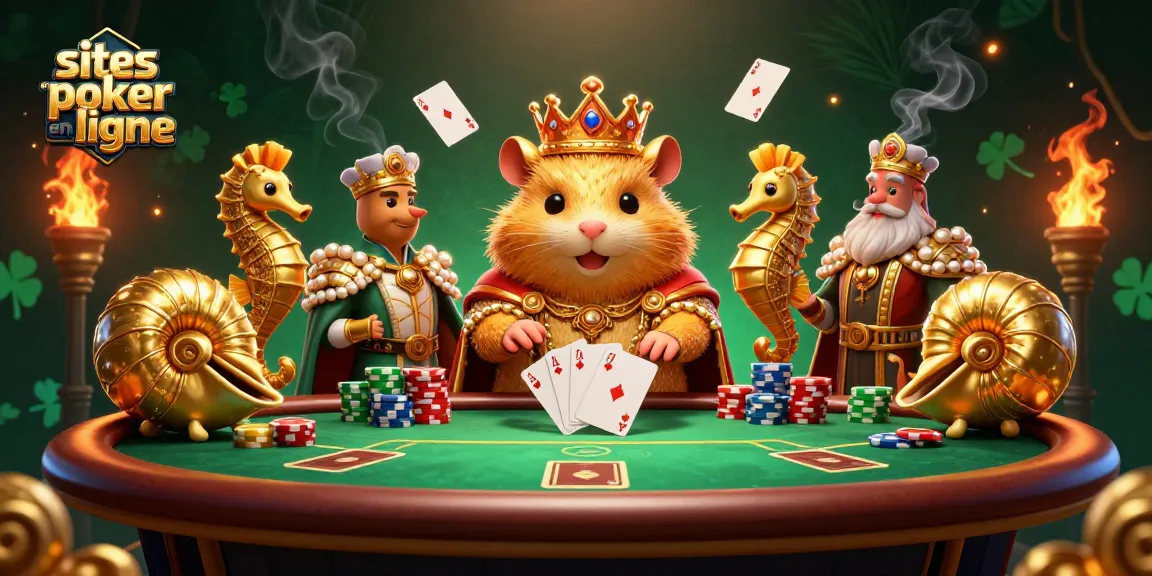 Visuel de sites de poker en ligne avec un roi hamster en couronne et des cartes de poker flottantes.