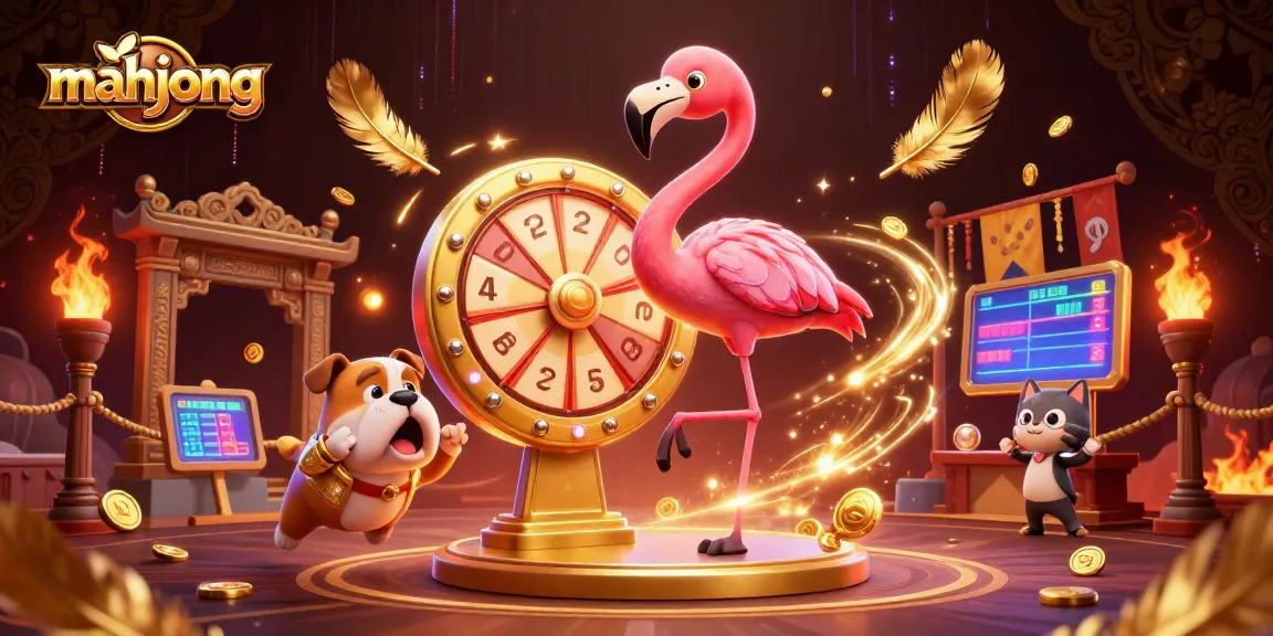 Spin the Mahjong slot wheel with excitement as bulldog jumps for joy in a vibrant casino scene.