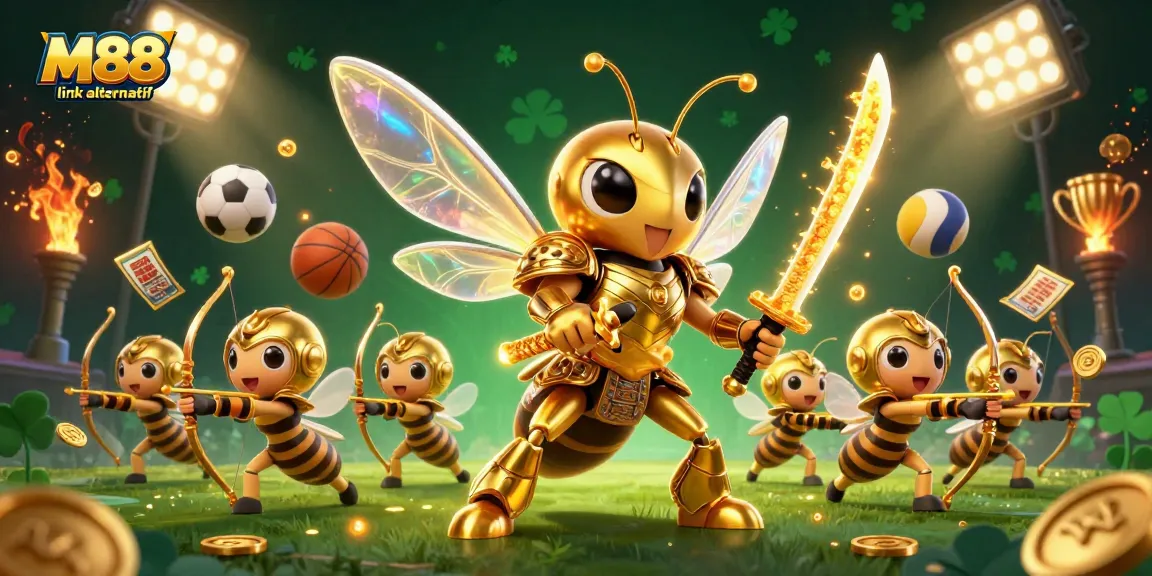 Experience the engaging M88 link alternatif with dynamic characters and sports elements in a vibrant illustration.