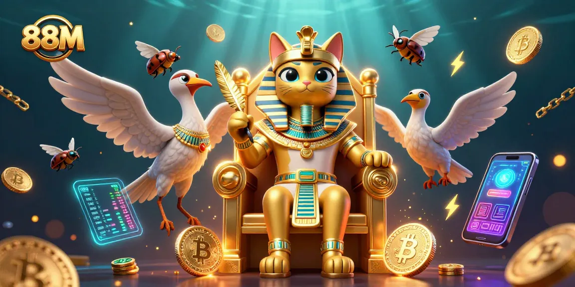 Play at 88M with a pharaoh cat, glowing crypto coins, and vivid gambling elements.
