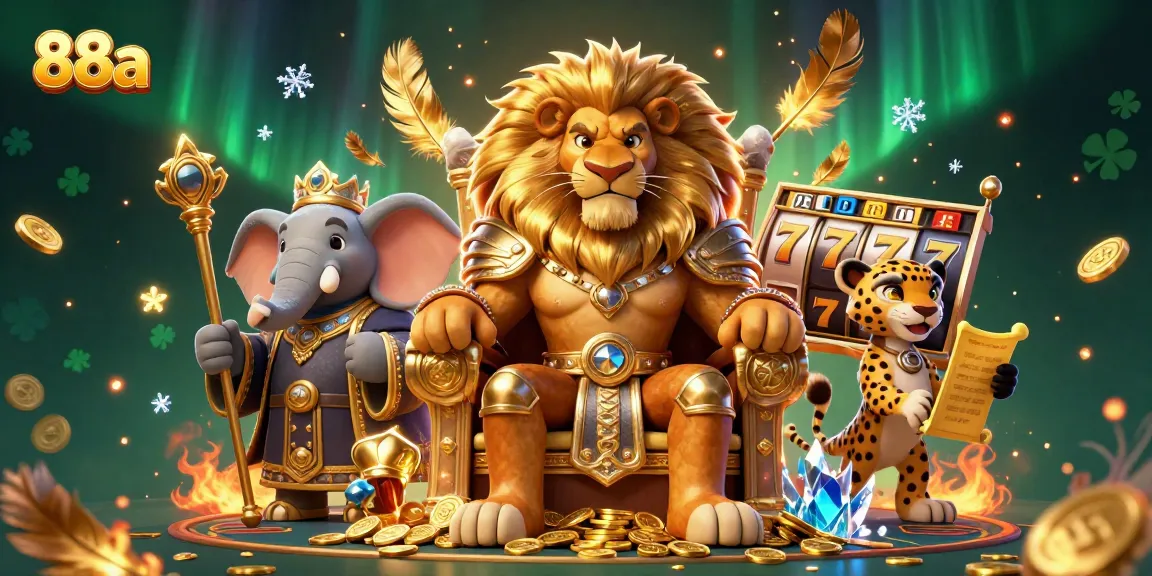 Witness the thrilling action of 88aa as a fierce lion king rules the casino realm with a majestic throne.