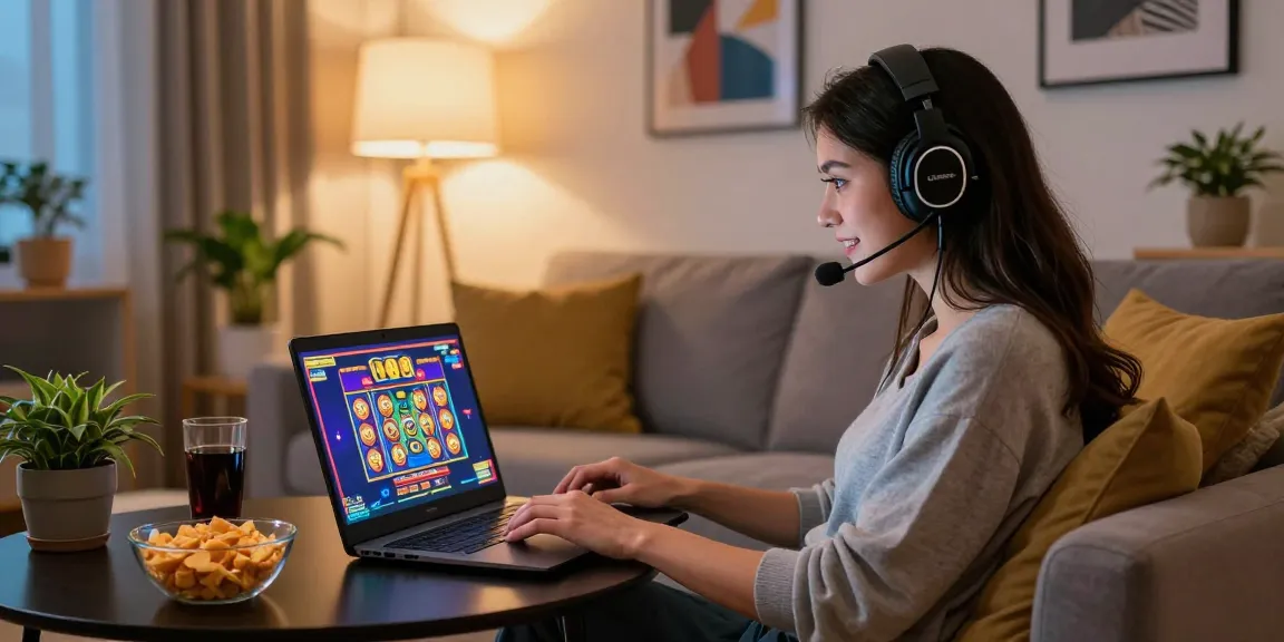 Engaged player enjoying a slot88 game in a cozy home environment with snacks and laptop.