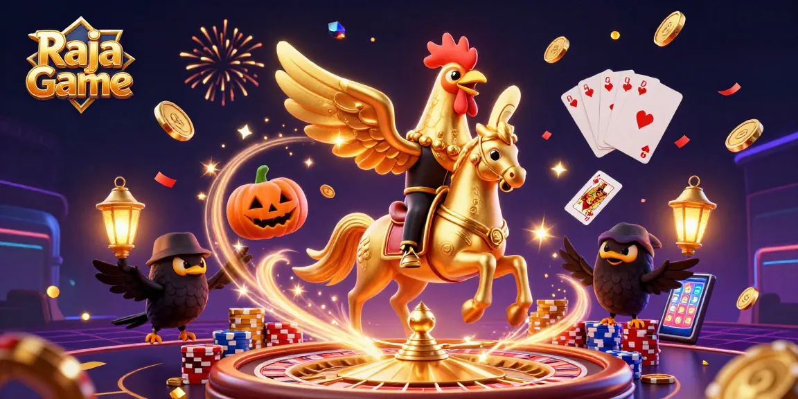 Win big with Raja Game by entering a thrilling casino scene featuring vibrant characters and games.