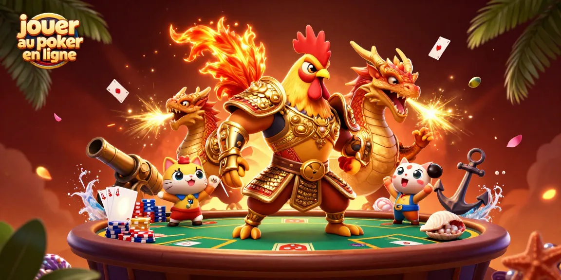 Éprouvez l'adrénaline de jouer au poker en ligne avec cette scène dynamique illustrant un guerrier coq et un dragon.
