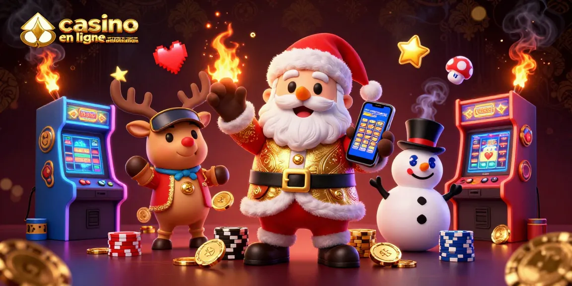 Jouez sur un casino en ligne sans vérification avec Santa, son renne et un bonhomme de neige entourés de machines à sous colorées.