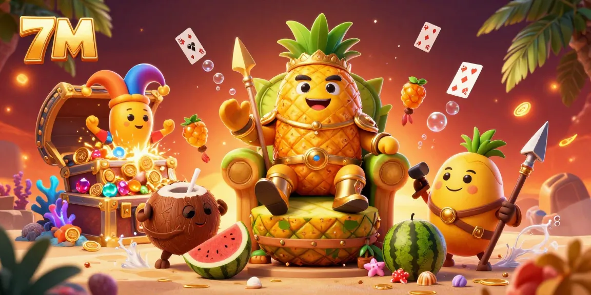 Engage with 7M's vibrant beach casino scene, featuring a golden pineapple king, lively jester, and treasure-filled elements.
