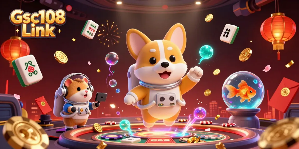 Gsc108 Link tampilkan keseruan kasino dengan astronaut corgi, hamster, dan ikan mengapung.