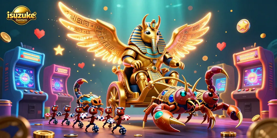 Engage with isuzukebumen’s vibrant casino scene featuring a golden scarab beetle with poker chips and arcade games.