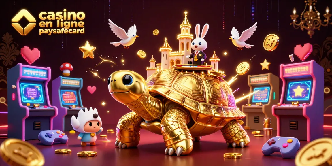 Casino en ligne paysafecard avec une tortue dorée géante, un croupier lapin, et des oiseaux portant des pièces