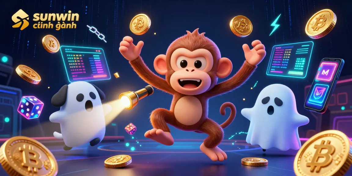 Experience the enchanting world of sunwin chính hãng as a playful poltergeist monkey juggles golden coins in a haunted casino.