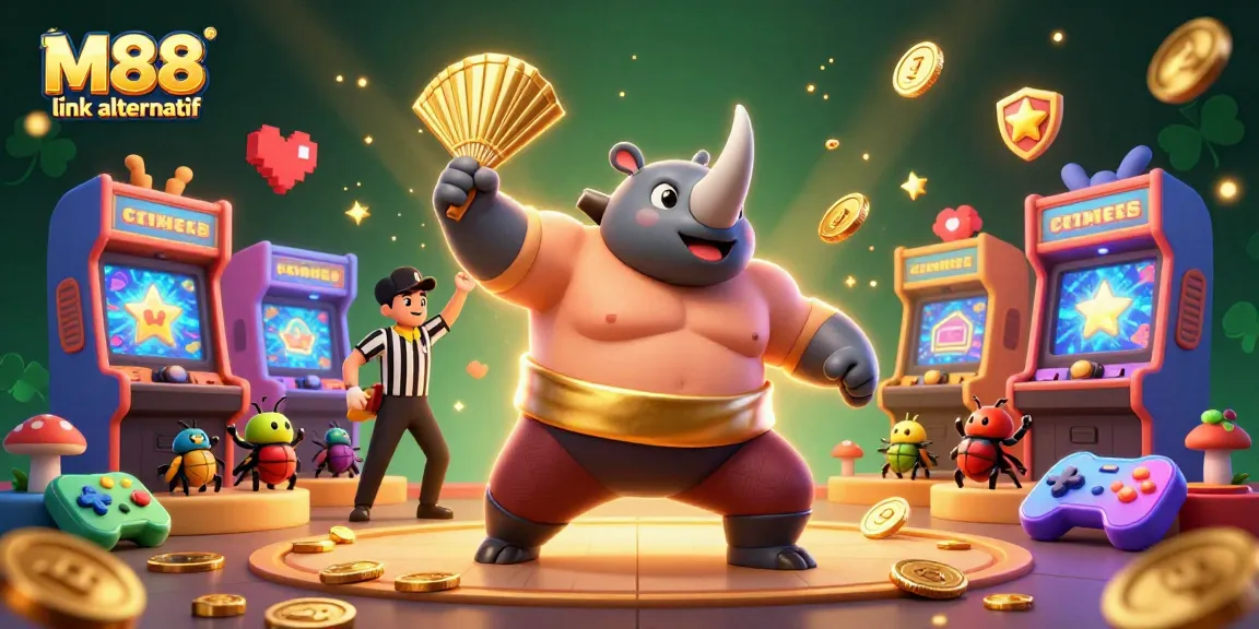 Enhance your gaming with M88 link alternatif, showcasing a dynamic 3D casino scene filled with excitement.