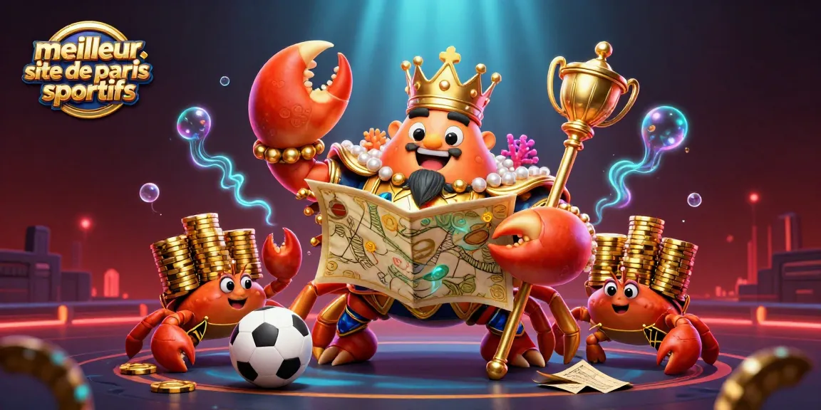 Illustration d'un crabe empereur doré, représentant le meilleur site de paris sportifs, entouré d'éléments de paris sportifs.