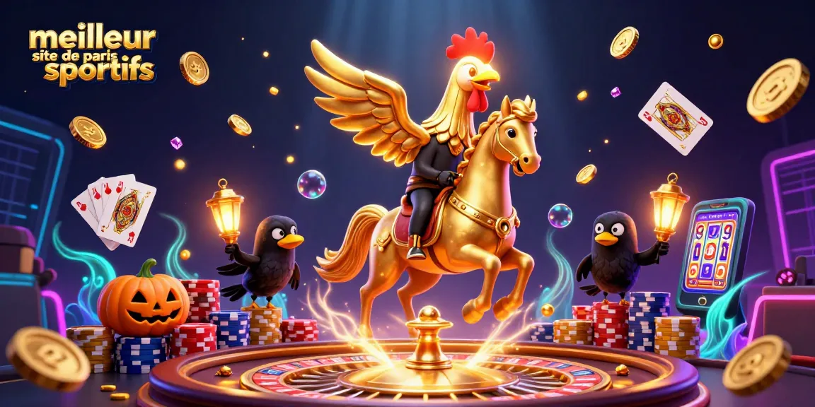 Meilleur site de paris sportifs : une scène animée de casino avec un coq doré et des éléments de casino captivants.
