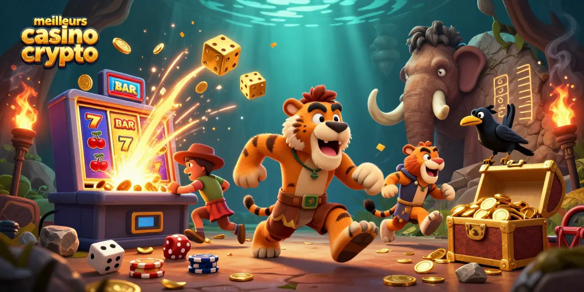 Jouez aux meilleurs casino crypto avec une scène dynamique et colorée de jeux crypto.