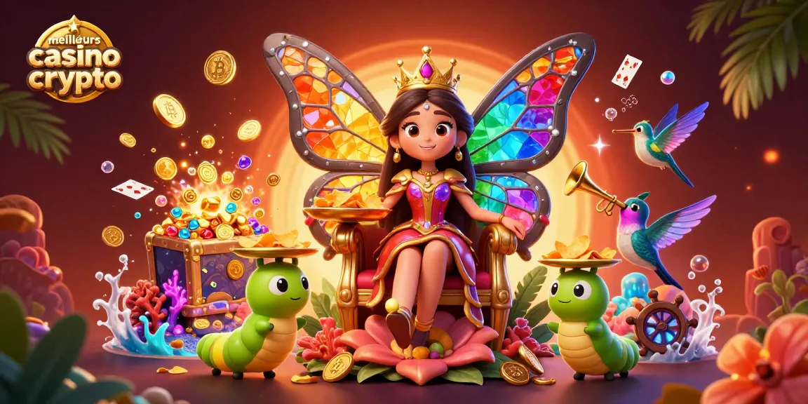 Plongez dans l'univers des meilleurs casinos crypto avec une reine papillon entourée de pièces et de cartes vibrantes.
