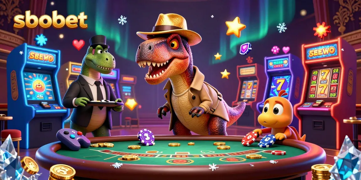 Experience sbobet gaming with a velociraptor card counter and vibrant casino visuals.