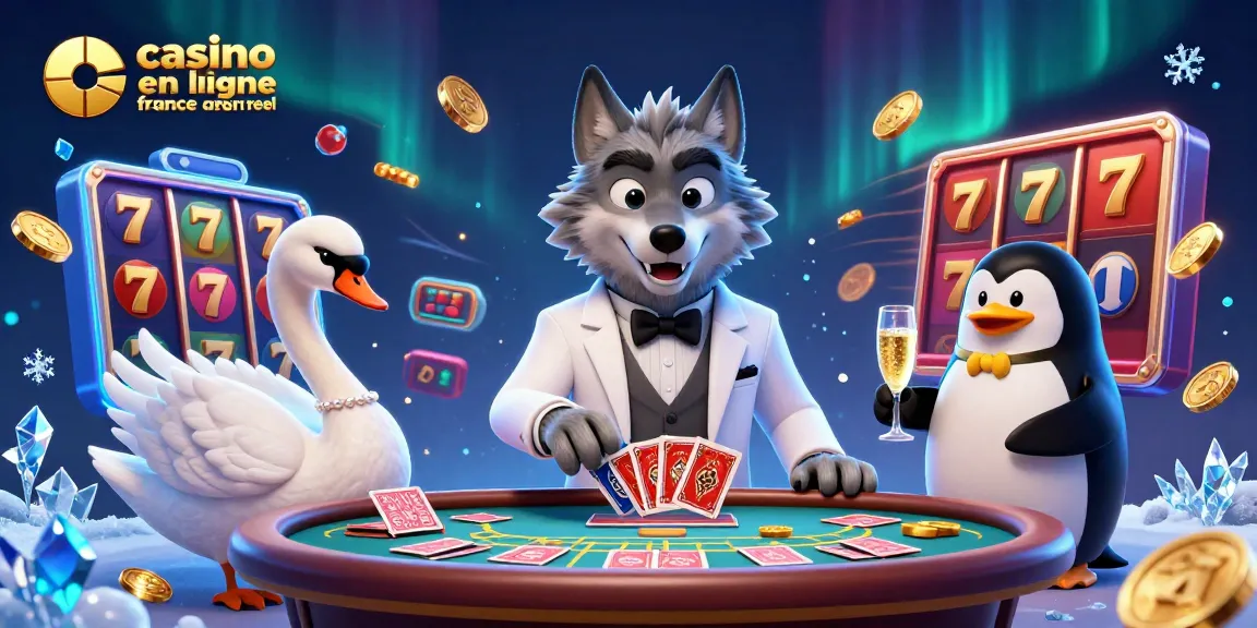 Vue 3D illustrée de "casino en ligne france argent reel" avec un loup, un cygne et un pingouin au casino.