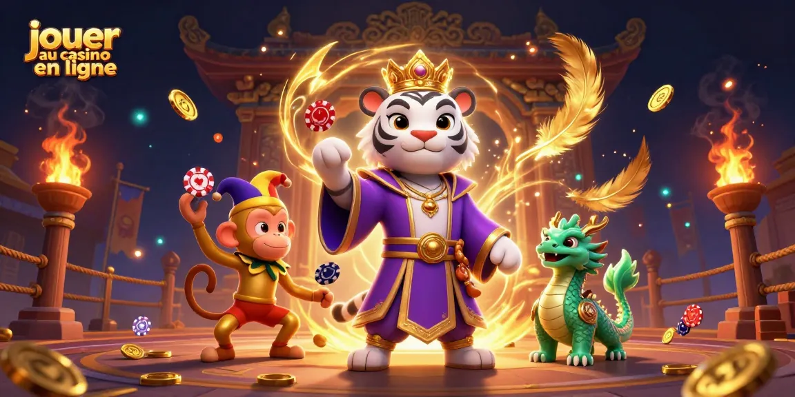 Jouer au casino en ligne avec une ambiance festive entourée de personnages colorés et d'éléments de jeu.
