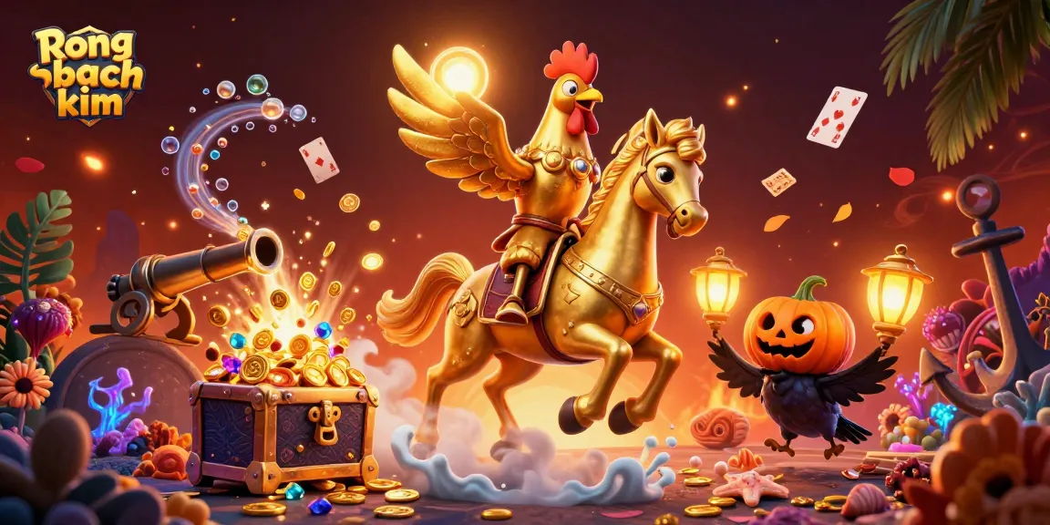 Win big with Rong bach kim's vibrant casino scene showcasing 3D characters and treasure.