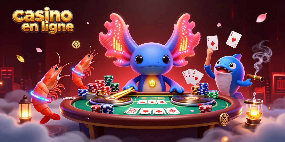Ambiance dynamique de casino en ligne avec un DJ axolotl coloré et des crevettes dansantes.