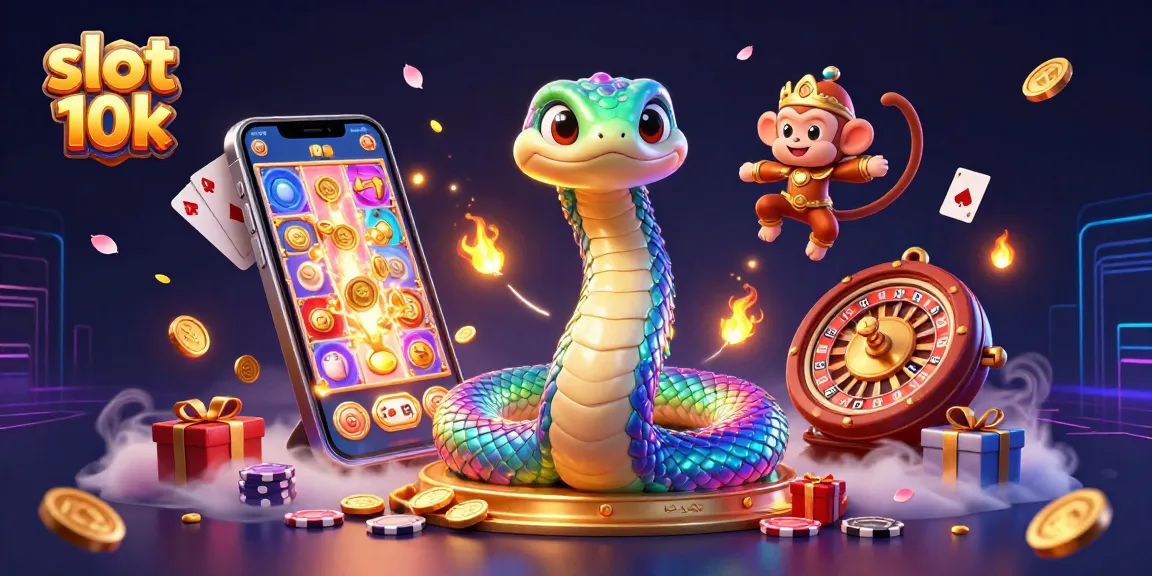 Experience the excitement of slot 10k with colorful characters, spinning reels, and cascading coins in a magical casino setting.