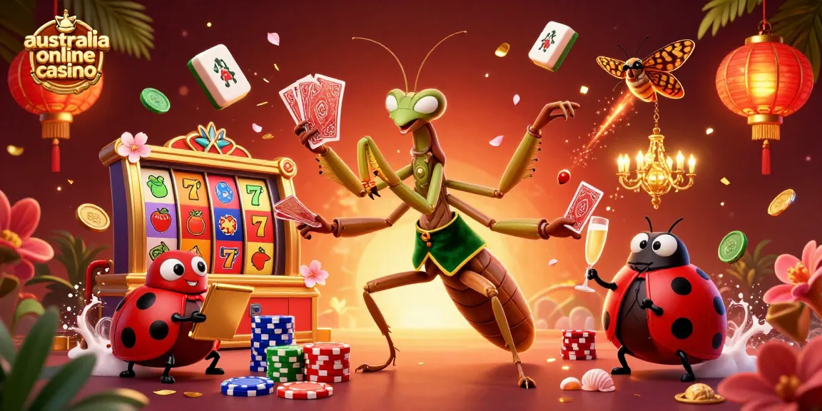 Engage with an exciting australia online casino scene featuring vibrant games, characters, and festive decorations.