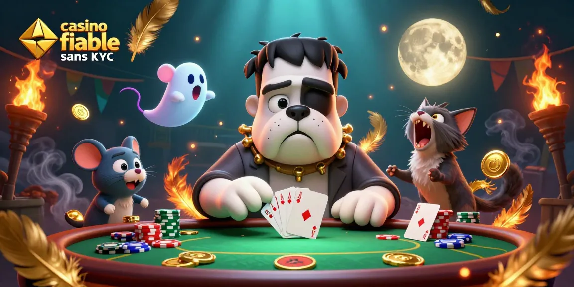 Illustration dynamique de casino fiable sans KYC avec un bulldog Frankenstein distribuant des cartes sur une table.