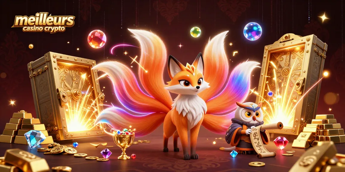 Illustration mettant en avant les meilleurs casinos crypto avec un esprit renard à neuf queues lumineux et un hibou sage.