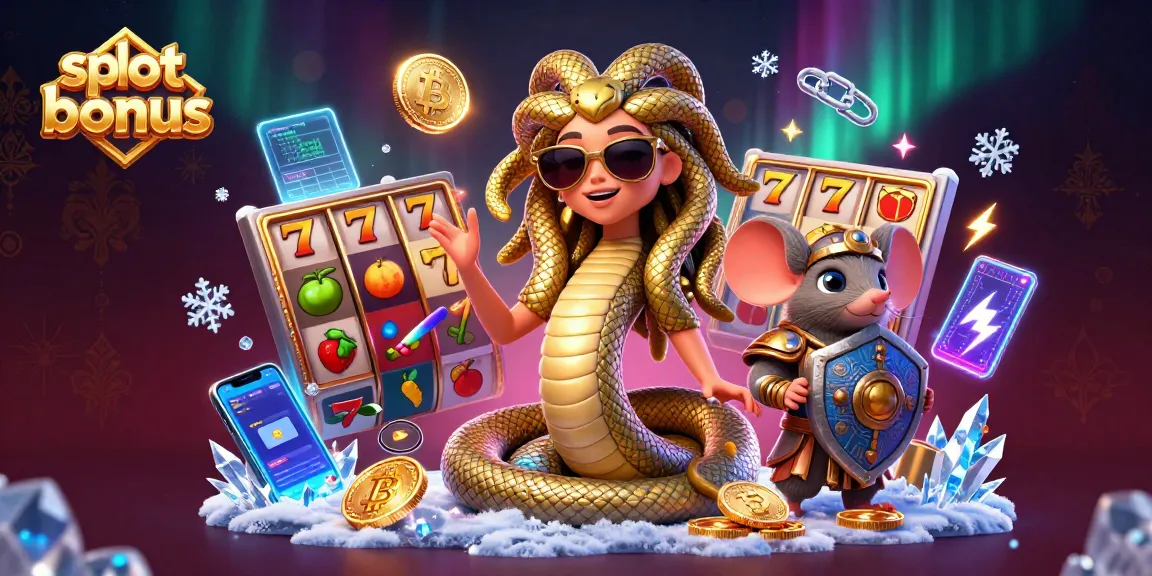 Experience exciting slot bonuses with a lively Medusa and mouse warrior in a vibrant casino scene.