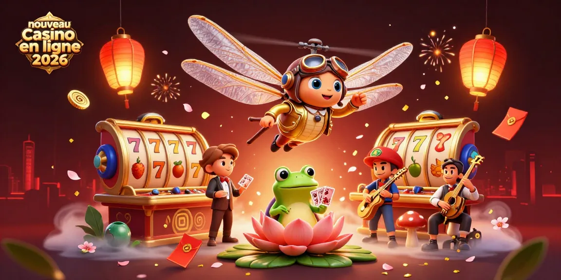 Illustration de nouveau casino en ligne 2026 avec un pilote libellule et un croupier grenouille jouant aux cartes.