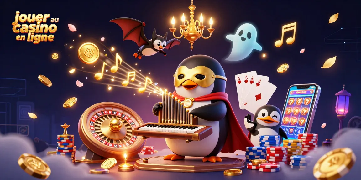 Jouer au casino en ligne avec un pingouin et des éléments de jeu animés dans une illustration colorée.